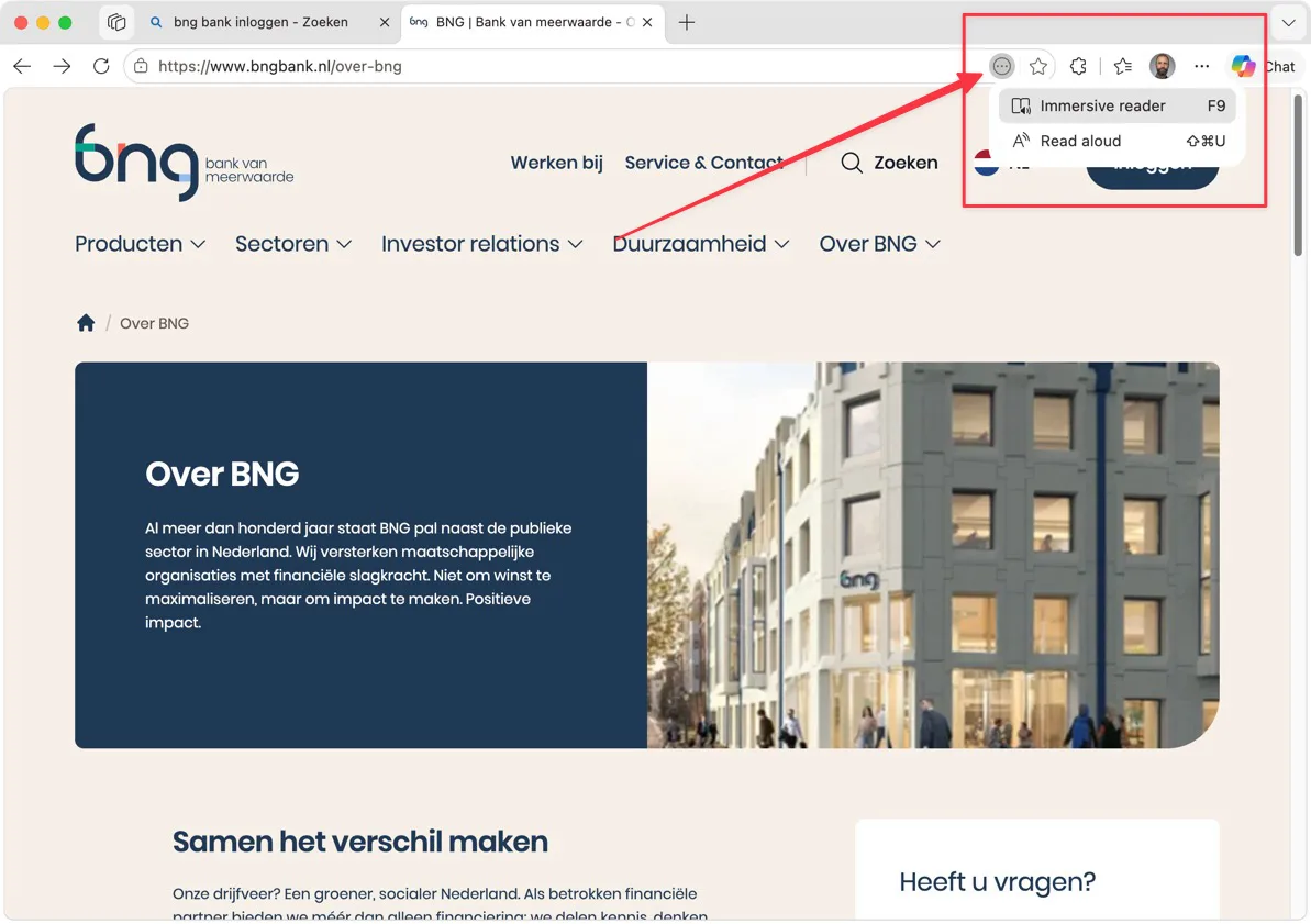 Immersive Reader staat in de adresbalk van Microsoft Edge, naast het ster-icoon